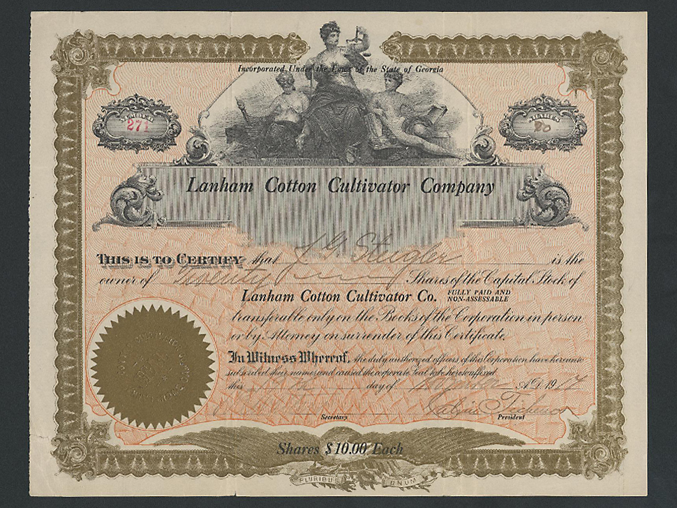 Lanham Cotton Cultivator Company Stock Certificate (circa 1917)
